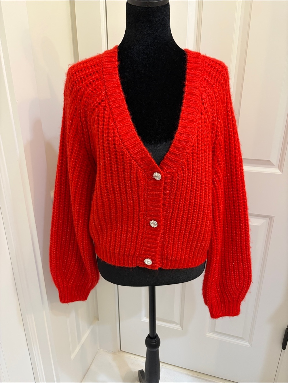 Jessica Simpson Bright Red V-Neck Button Ribbed Cardigan Size L NWOT